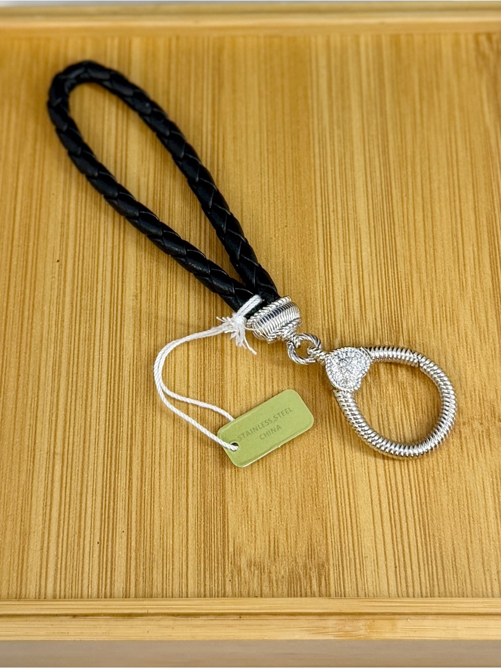 NWT- JUDITH RIPKA Stainless Steel Black Braided Leather Crystal Keyring Keychain